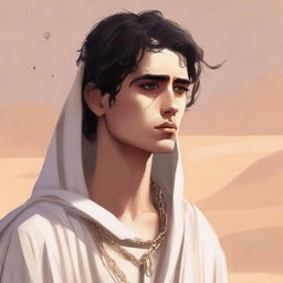 A high-quality digital art illustration for Chapter 1, 'The Sands of Destiny', depicts a young male protagonist amidst the Kuwaiti wasteland, his white skin reflecting a mix of sadness and revelation