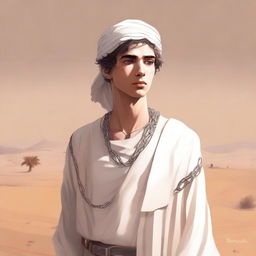 A high-quality digital art illustration for Chapter 1, 'The Sands of Destiny', depicts a young male protagonist amidst the Kuwaiti wasteland, his white skin reflecting a mix of sadness and revelation
