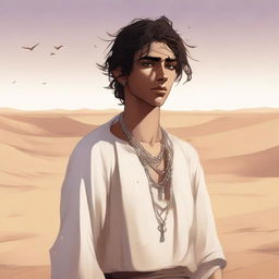 A high-quality digital art illustration for Chapter 1, 'The Sands of Destiny', depicts a young male protagonist amidst the Kuwaiti wasteland, his white skin reflecting a mix of sadness and revelation