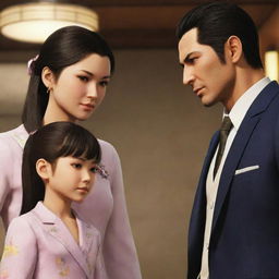 Majima Goro and Kiryu Kazuma from Yakuza 0 are engaging in a friendly interaction with a young girl with dark hair styled in a ponytail and bangs.