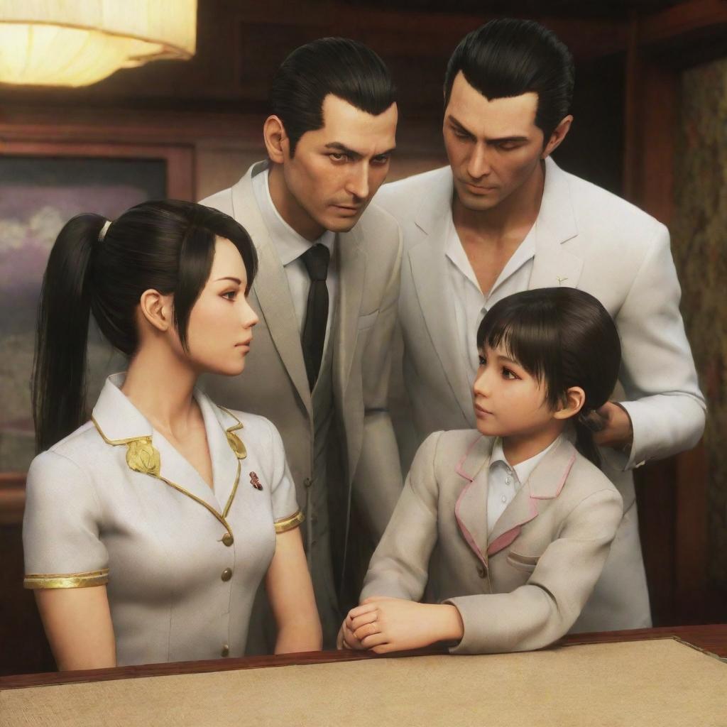 Majima Goro and Kiryu Kazuma from Yakuza 0 are engaging in a friendly interaction with a young girl with dark hair styled in a ponytail and bangs.