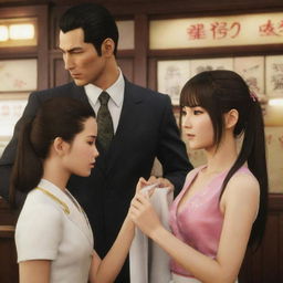 Majima Goro and Kiryu Kazuma from Yakuza 0 are engaging in a friendly interaction with a young girl with dark hair styled in a ponytail and bangs.