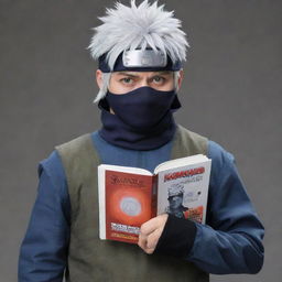 Anime character, Kakashi Hatake from Naruto, standing confidently in his ninja attire with his Sharingan eye visible and a copy of the Icha Icha book in his hand.