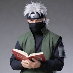 Anime character, Kakashi Hatake from Naruto, standing confidently in his ninja attire with his Sharingan eye visible and a copy of the Icha Icha book in his hand.