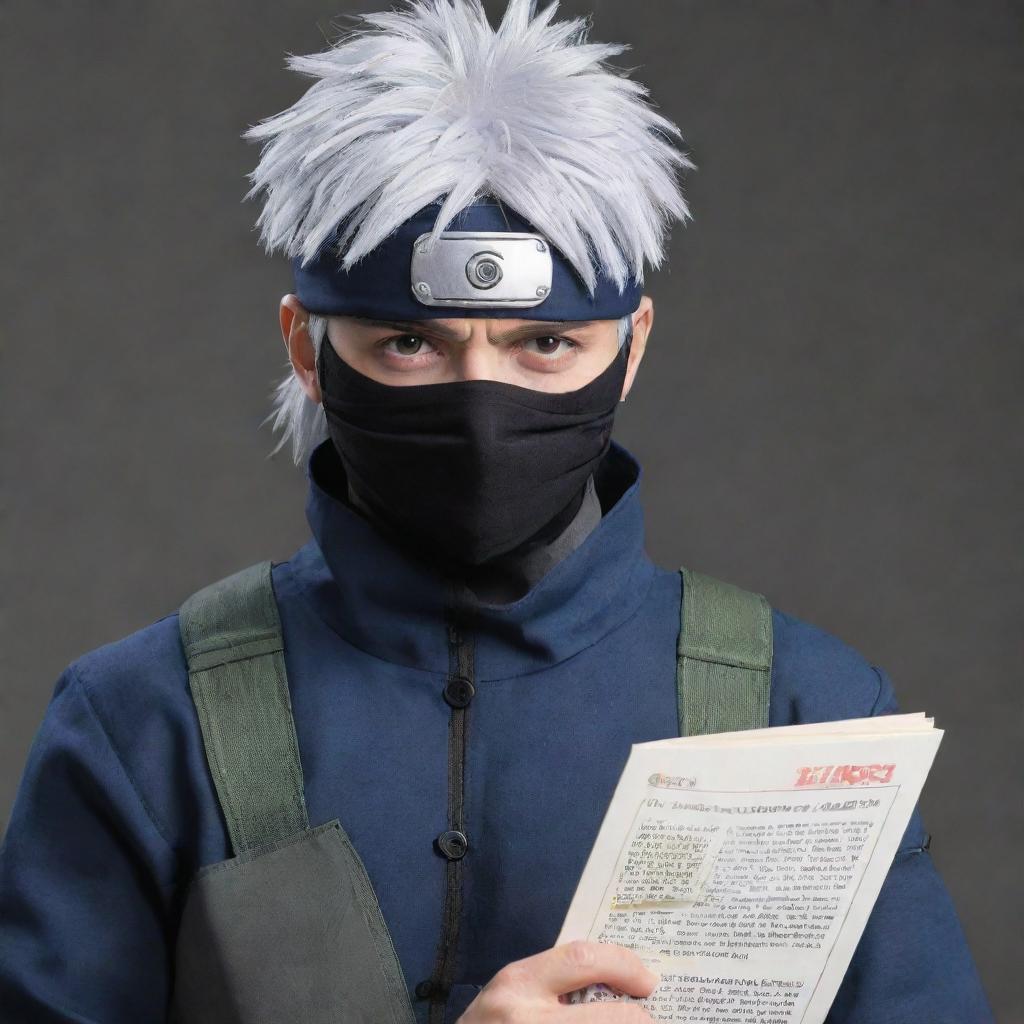 Anime character, Kakashi Hatake from Naruto, standing confidently in his ninja attire with his Sharingan eye visible and a copy of the Icha Icha book in his hand.