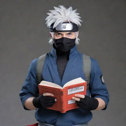 Anime character, Kakashi Hatake from Naruto, standing confidently in his ninja attire with his Sharingan eye visible and a copy of the Icha Icha book in his hand.