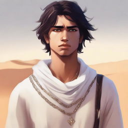 This is a high-quality digital art illustration for Chapter 1, 'The Sands of Destiny'