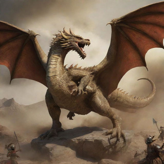 Generate an image depicting the legendary battle between Rostam and the dragon from Persian mythology, featuring intense combat, a powerful dragon, and the heroic figure of Rostam.