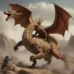 Generate an image depicting the legendary battle between Rostam and the dragon from Persian mythology, featuring intense combat, a powerful dragon, and the heroic figure of Rostam.