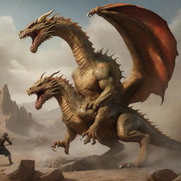 Generate an image depicting the legendary battle between Rostam and the dragon from Persian mythology, featuring intense combat, a powerful dragon, and the heroic figure of Rostam.