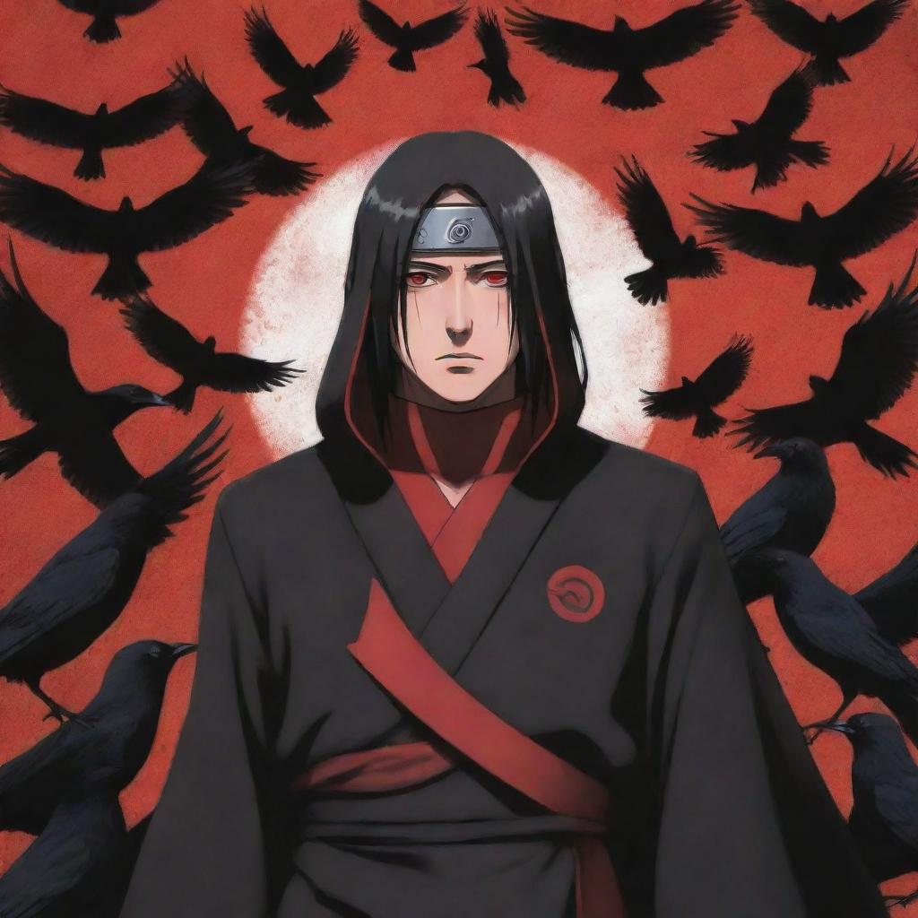 Anime character, Itachi Uchiha from the Naruto series, cloaked in the Akatsuki uniform, with the Sharingan eyes active and a group of murder crows surrounding him.