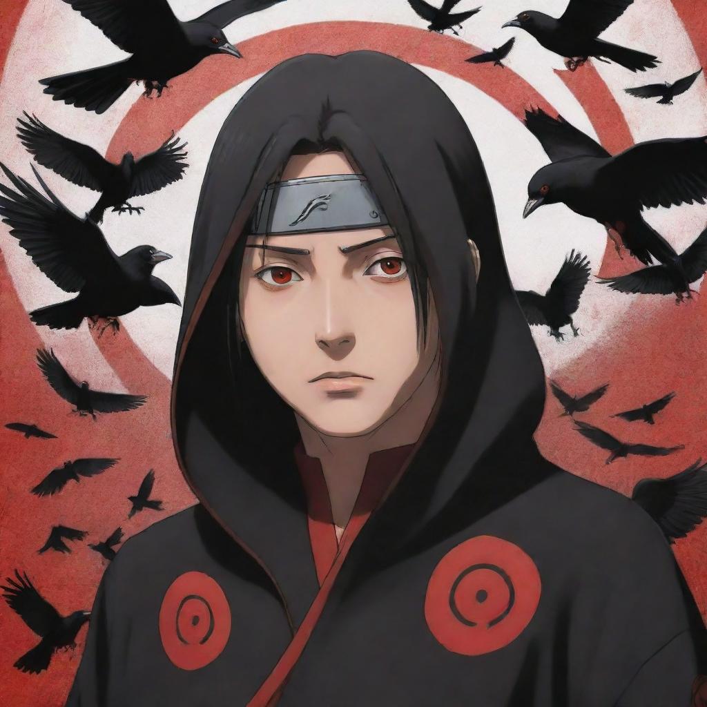 Anime character, Itachi Uchiha from the Naruto series, cloaked in the Akatsuki uniform, with the Sharingan eyes active and a group of murder crows surrounding him.