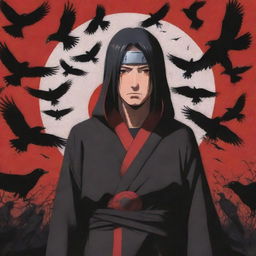 Anime character, Itachi Uchiha from the Naruto series, cloaked in the Akatsuki uniform, with the Sharingan eyes active and a group of murder crows surrounding him.