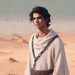 This is a high-quality digital art illustration for Chapter 1, 'The Sands of Destiny'