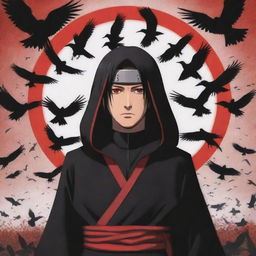 Anime character, Itachi Uchiha from the Naruto series, cloaked in the Akatsuki uniform, with the Sharingan eyes active and a group of murder crows surrounding him.