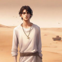 This high-quality digital art illustration for Chapter 1, 'The Sands of Destiny,' depicts the young male protagonist amidst the Kuwaiti wasteland