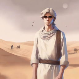 This high-quality digital art illustration for Chapter 1, 'The Sands of Destiny,' depicts the young male protagonist amidst the Kuwaiti wasteland