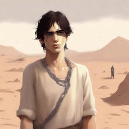 This high-quality digital art illustration for Chapter 1, 'The Sands of Destiny,' depicts the young male protagonist amidst the Kuwaiti wasteland