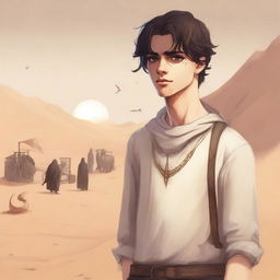 This high-quality digital art illustration for Chapter 1, 'The Sands of Destiny,' depicts the young male protagonist amidst the Kuwaiti wasteland