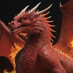 Generate an image of beautiful and powerful red dragons, with flaming scales, majestic wings, and fierce eyes.