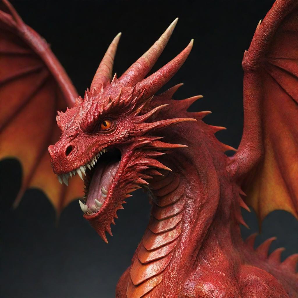 Generate an image of beautiful and powerful red dragons, with flaming scales, majestic wings, and fierce eyes.