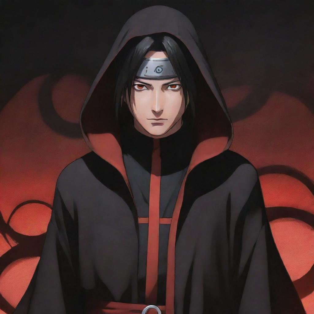 Anime character, Itachi Uchiha from the Naruto series, his Sharingan eyes activated, surrounded by a dramatic aura. His Akatsuki cloak billows in the wind.