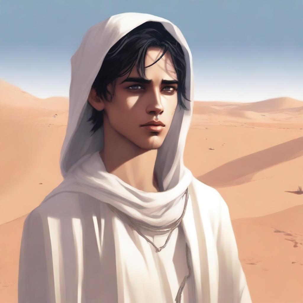 This high-quality digital art illustration for Chapter 1, 'The Sands of Destiny,' depicts a young male protagonist in the Kuwaiti wasteland