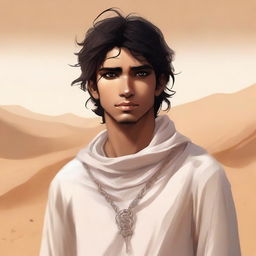 This high-quality digital art illustration for Chapter 1, 'The Sands of Destiny,' depicts a young male protagonist in the Kuwaiti wasteland