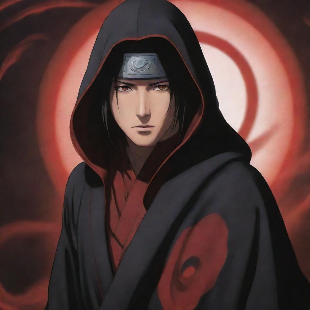 Anime character, Itachi Uchiha from the Naruto series, his Sharingan eyes activated, surrounded by a dramatic aura. His Akatsuki cloak billows in the wind.