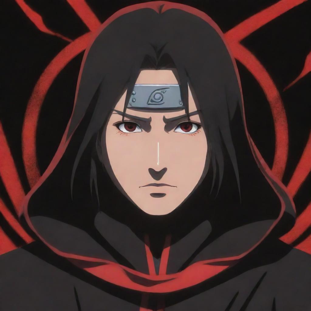 Anime character, Itachi Uchiha from the Naruto series, his Sharingan eyes activated, surrounded by a dramatic aura. His Akatsuki cloak billows in the wind.