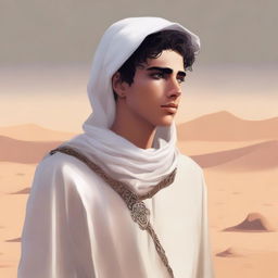 This high-quality digital art illustration for Chapter 1, 'The Sands of Destiny,' depicts a young male protagonist in the Kuwaiti wasteland