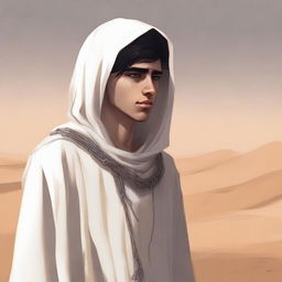 This high-quality digital art illustration for Chapter 1, 'The Sands of Destiny,' depicts a young male protagonist in the Kuwaiti wasteland