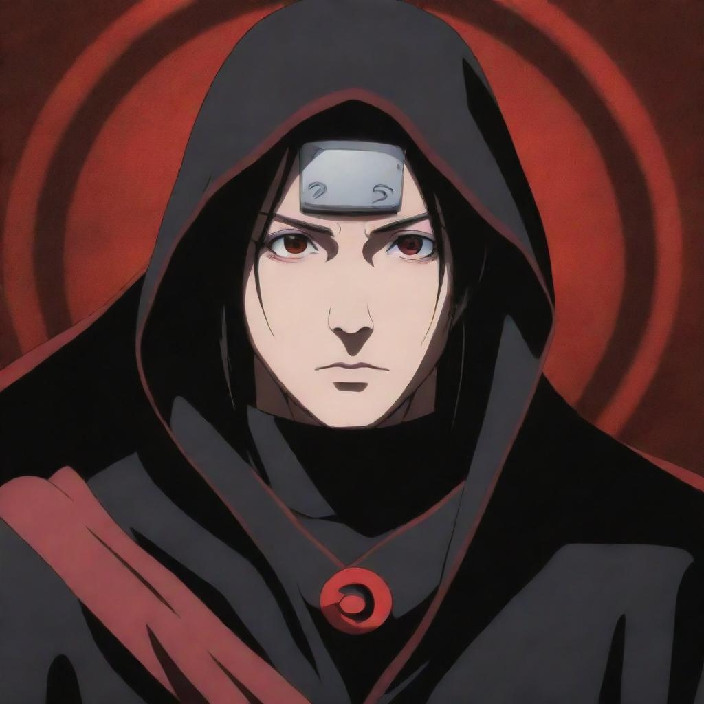 Anime character, Itachi Uchiha from the Naruto series, his Sharingan eyes activated, surrounded by a dramatic aura. His Akatsuki cloak billows in the wind.