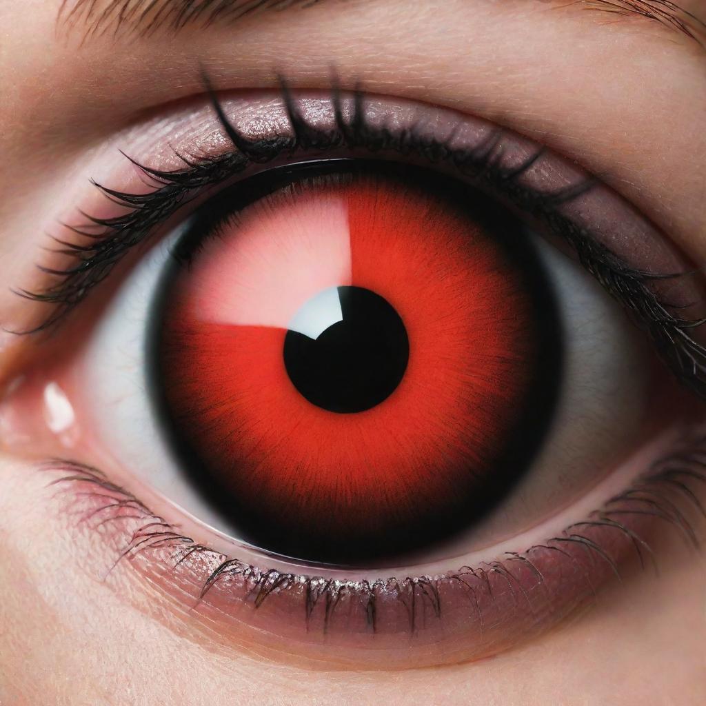 A highly detailed close-up of the Sharingan, a unique visual trait in the Uchiha clan from the Naruto series, featuring its vibrant red iris adorned with cryptic, black pattern.