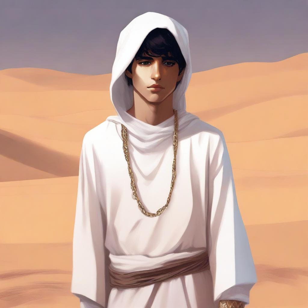 This is a high-quality digital art illustration for Chapter 1, 'The Sands of Destiny'