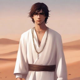 This is a high-quality digital art illustration for Chapter 1, 'The Sands of Destiny'