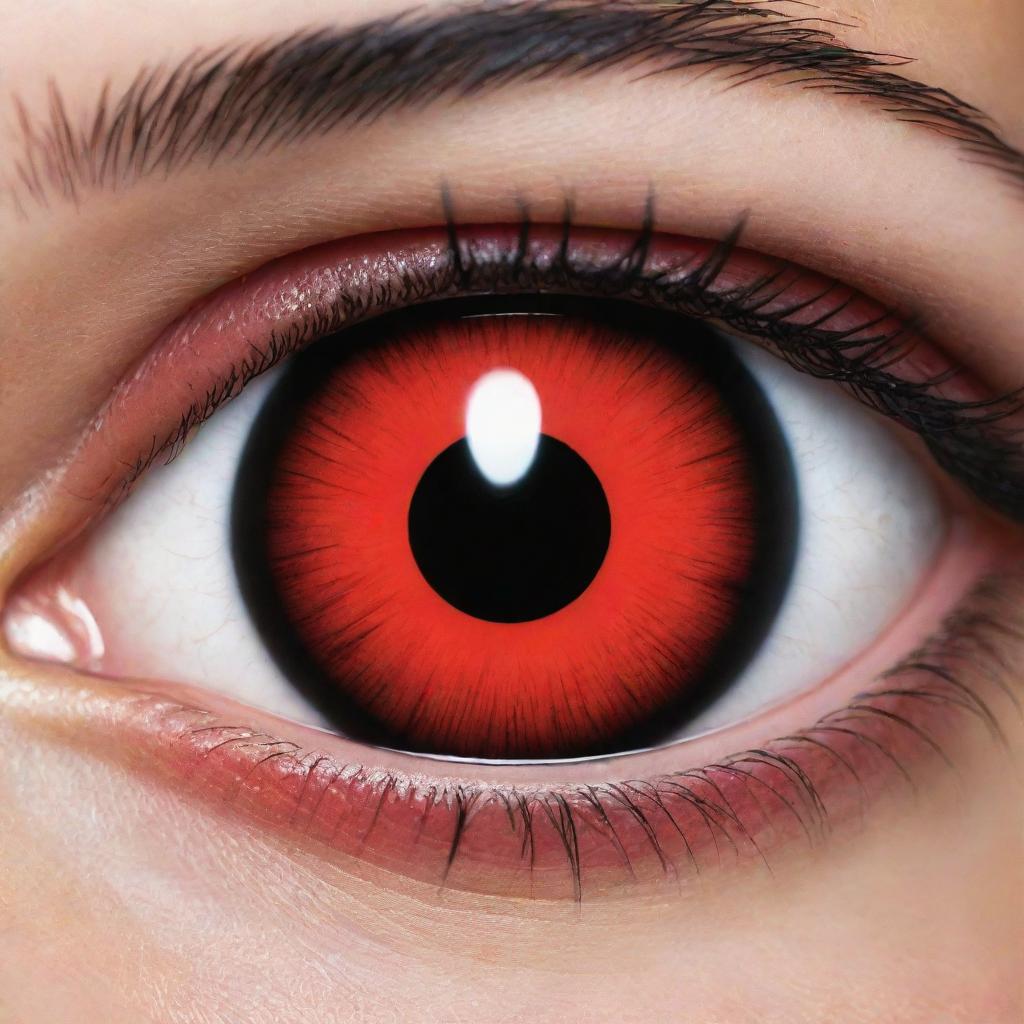 A highly detailed close-up of the Sharingan, a unique visual trait in the Uchiha clan from the Naruto series, featuring its vibrant red iris adorned with cryptic, black pattern.