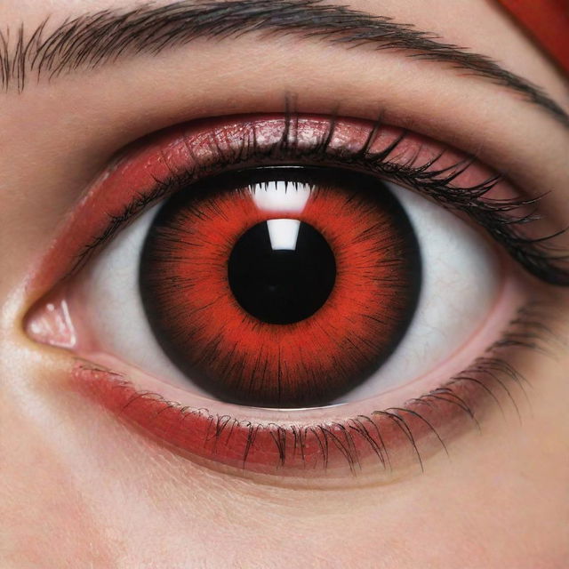 A highly detailed close-up of the Sharingan, a unique visual trait in the Uchiha clan from the Naruto series, featuring its vibrant red iris adorned with cryptic, black pattern.