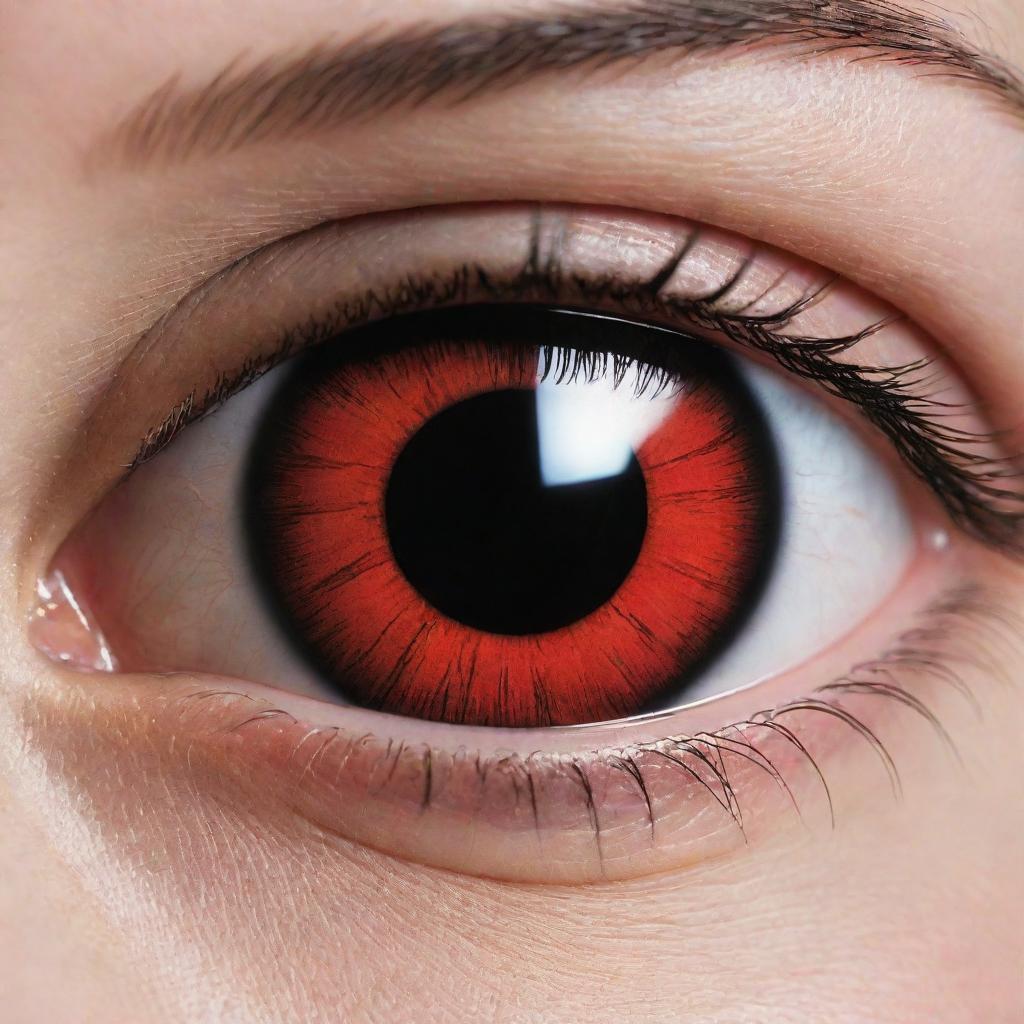 A highly detailed close-up of the Sharingan, a unique visual trait in the Uchiha clan from the Naruto series, featuring its vibrant red iris adorned with cryptic, black pattern.