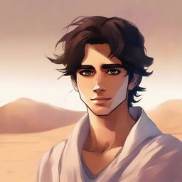 This is a high-quality digital art illustration of Chapter 1, 'The Sands of Destiny'