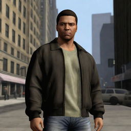 Generate an image of the GTA 3 main character, Claude Spade, at age 28 in New York City, full of determination, sporting urban casual attire, against the bustling city backdrop.