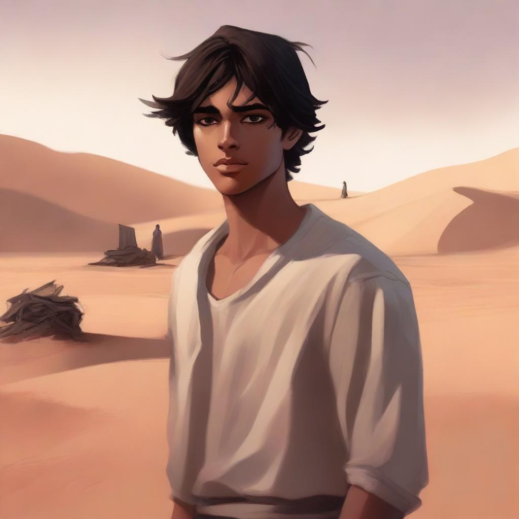 This is a high-quality digital art illustration for Chapter 1, 'The Sands of Destiny'