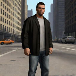 Generate an image of the GTA 3 main character, Claude Spade, at age 28 in New York City, full of determination, sporting urban casual attire, against the bustling city backdrop.