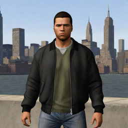 Generate an image of the GTA 3 main character, Claude Spade, at age 28 in New York City, full of determination, sporting urban casual attire, against the bustling city backdrop.