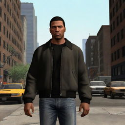 Generate an image of the GTA 3 main character, Claude Spade, at age 28 in New York City, full of determination, sporting urban casual attire, against the bustling city backdrop.