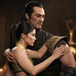 Shang Tsung, a character from Mortal Kombat, in a gentle, caring pose as he takes care of a young lady with dark hair, styled in a ponytail and bangs.