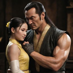 Shang Tsung, a character from Mortal Kombat, in a gentle, caring pose as he takes care of a young lady with dark hair, styled in a ponytail and bangs.