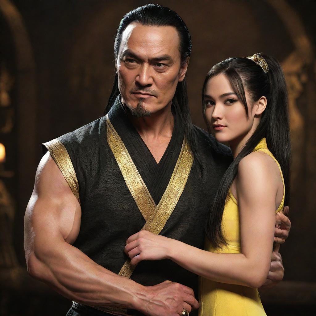 Shang Tsung, a character from Mortal Kombat, in a gentle, caring pose as he takes care of a young lady with dark hair, styled in a ponytail and bangs.