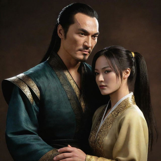 Shang Tsung, a character from Mortal Kombat, in a gentle, caring pose as he takes care of a young lady with dark hair, styled in a ponytail and bangs.