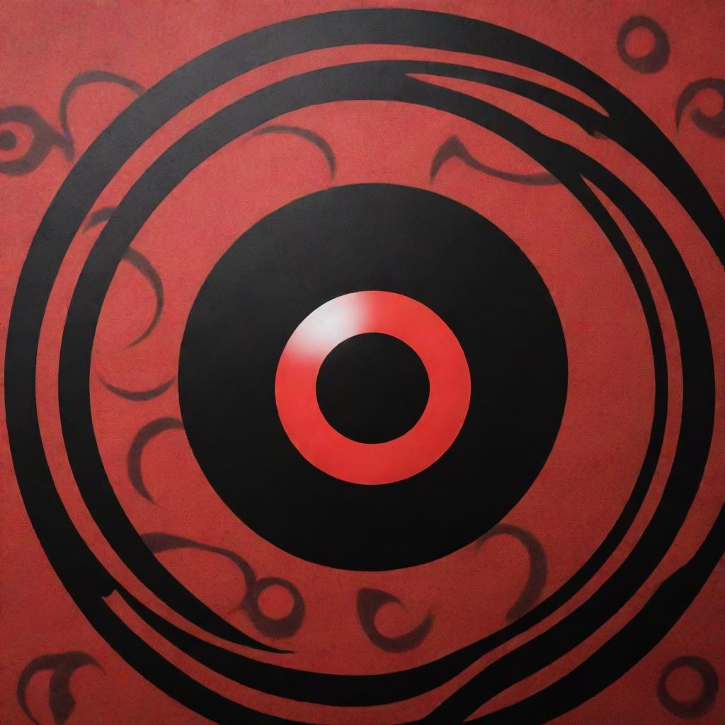 A highly detailed close-up of the Uchiha Clan's Sharingan, from the Naruto series, with its vibrant red iris and black, cryptic pattern.